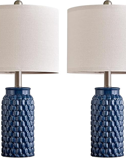 20.5 inches Modern Ceramic Dark Blue Bedside Lamp Set of 2 for Bedroom Decor Farmhouse Table Lamp for Living Room Office Dorm - LeafyLoom
