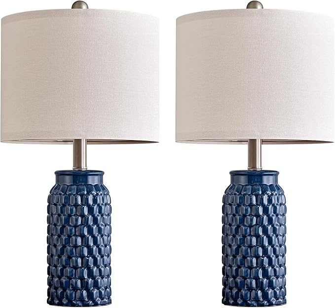 20.5 inches Modern Ceramic Dark Blue Bedside Lamp Set of 2 for Bedroom Decor Farmhouse Table Lamp for Living Room Office Dorm - LeafyLoom