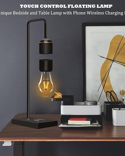 Magnetic Levitating Light Bulb with Luxury Wireless Charging Pad (Apple/Android) Levitation Plastic Black Floating Table Lamp White LED Night Light for Bedrooms Desk Toys Office Gifts - LeafyLoom