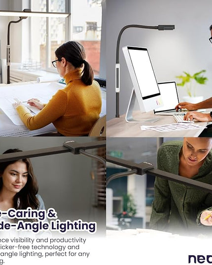 Neatfi Modern Desk Lamp with Clamp, Touch & Remote Controlled, 15W, Adjustable Color Temperature (3000K-6000K), Stepless Dimming, Flicker-Free, Wide-Angle Lighting for Home (Gooseneck, Black) - LeafyLoom