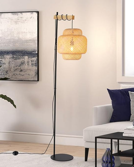 Rattan Floor Lamps-Bamboo 62inch Tall Standing Lighting Wicker Lantern Hanging Lamp E26 Fixture with Wooden Holder Industrial Metal Black Floor Lights for Living Room,Dinner Room - LeafyLoom