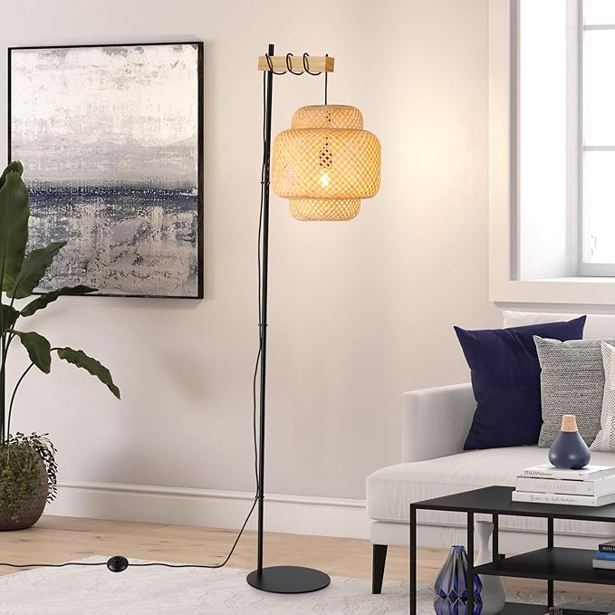 Rattan Floor Lamps-Bamboo 62inch Tall Standing Lighting Wicker Lantern Hanging Lamp E26 Fixture with Wooden Holder Industrial Metal Black Floor Lights for Living Room,Dinner Room - LeafyLoom