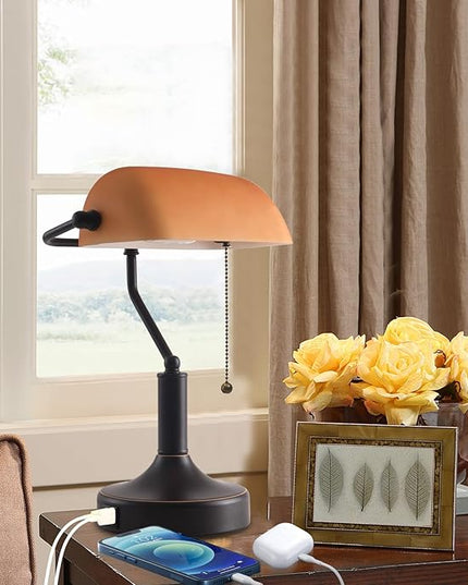 Vintage Bankers Desk Lamp with Pull Chain Switch, Traditional Desk Lamp with USB A and Type C Charging Port, Oil Rubbed Bronze Table Lamp with Amber Glass Shade for Office, Library, Study Room - LeafyLoom