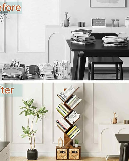 Vagusicc 6 Tier Tree Bookshelf - Retro Shelf Floor Standing Bookcase with Baskets, Tall Wood Book Storage Rack for Books/CDs, Tree Utility Book Organizer Shelves for Living Room, Home Office, Bedroom - LeafyLoom
