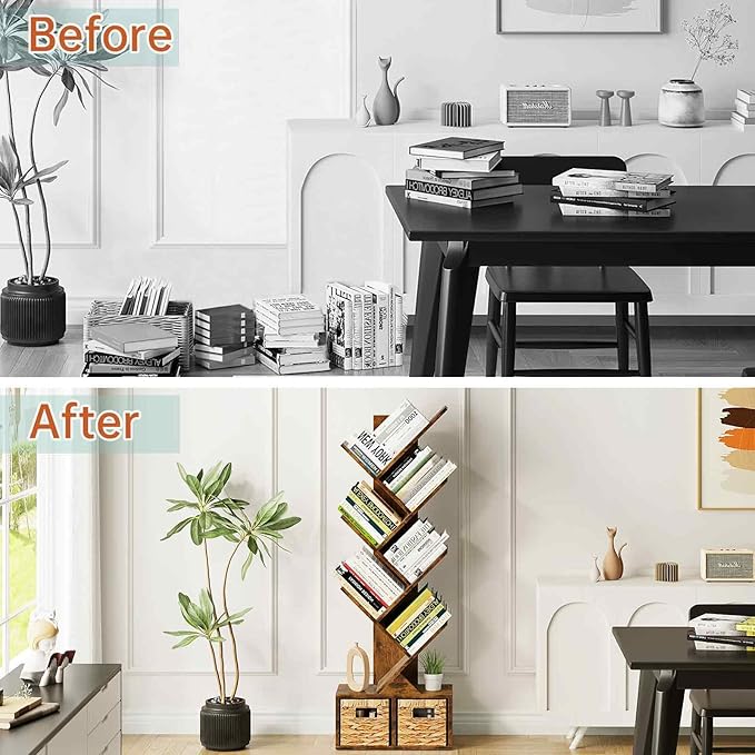 Vagusicc 6 Tier Tree Bookshelf - Retro Shelf Floor Standing Bookcase with Baskets, Tall Wood Book Storage Rack for Books/CDs, Tree Utility Book Organizer Shelves for Living Room, Home Office, Bedroom - LeafyLoom