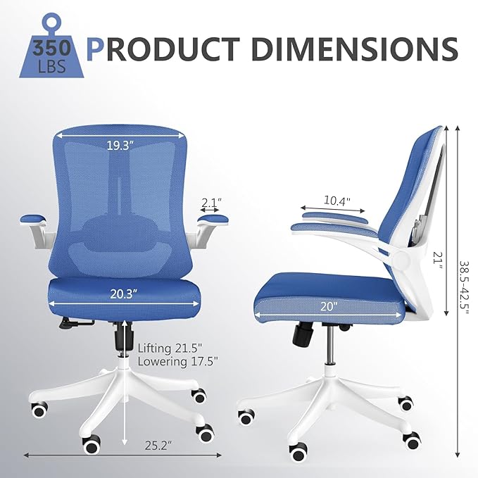 Office Chair with 350LBS Capacity, Ergonomic Comfort Home Desk Chair, Mid Back Gaming Chair with Wheels, Adjustable Height, Lumbar Support, Flip-up Armrest - LeafyLoom