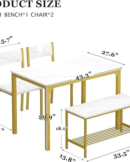 soges 4 Person Dining Table Set,43.3 inch Kitchen Table Set for 4,2 Chairs with Backrest,2-Person Bench with Storage Rack,Nesting Furniture Set for Dining Room and Restaurant, White Gold - LeafyLoom