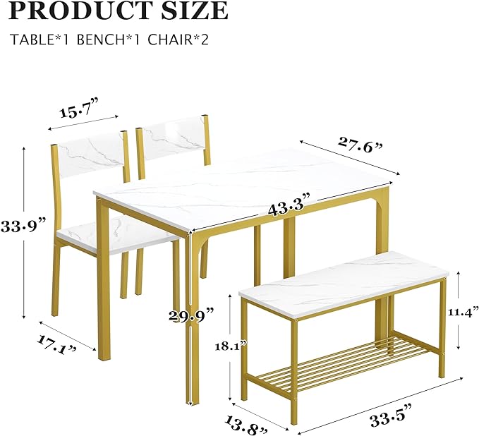 soges 4 Person Dining Table Set,43.3 inch Kitchen Table Set for 4,2 Chairs with Backrest,2-Person Bench with Storage Rack,Nesting Furniture Set for Dining Room and Restaurant, White Gold - LeafyLoom