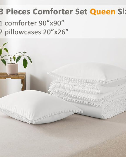Litanika Queen Size Comforter Set White,3 Pieces White Boho Pom Pom Lightweight Bed Comforter, All Season Soft Solid Color Bedding Comforter Sets (1 Comforter 90x90 Inch, 2 Pillowcases) - LeafyLoom