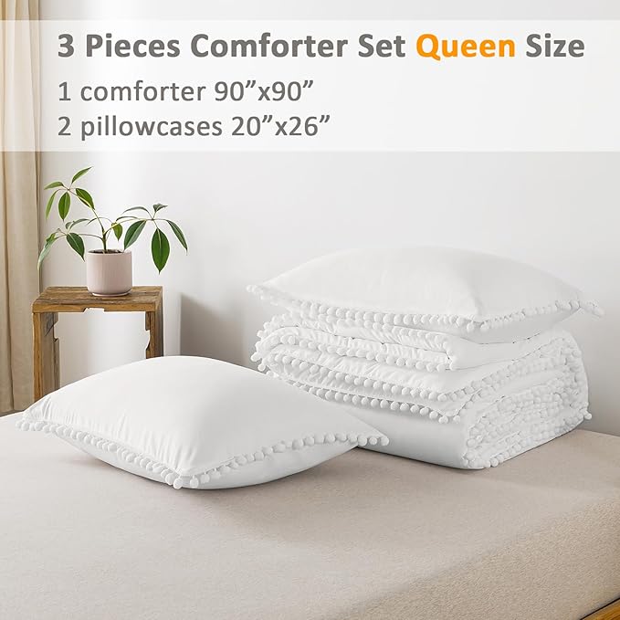 Litanika Queen Size Comforter Set White,3 Pieces White Boho Pom Pom Lightweight Bed Comforter, All Season Soft Solid Color Bedding Comforter Sets (1 Comforter 90x90 Inch, 2 Pillowcases) - LeafyLoom