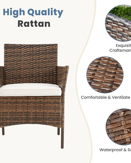 DUMOS Set 3 Pieces Outdoor Furniture with Soft Cushion and Glass Table, All Weather Manual Weaving Wicker Rattan Patio Chairs for Garden, Terrace, Porch, Lawns, Brown - LeafyLoom