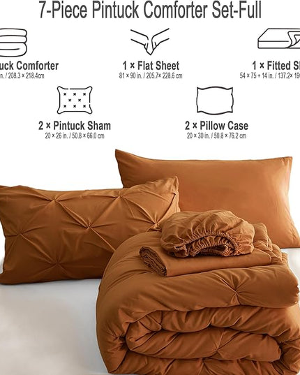 Ubauba 7pc Burnt Orange Comforter Set Full Size, 7 Pieces Pintuck Bed in a Bag Rust Bed Set with Comforter and Sheets, Bedding Comforters & Sets (Rustic, Full) - LeafyLoom