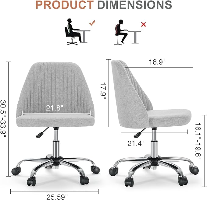 MCQ Office Desk Chair, Modern Cute Rolling Vanity Swivel Task Chairs with Wheels, Comfortable Back Seat Armless for Home, Bedrooms, Office, Study, Student, Adults, Make-up, Dressing Room, Cloud - LeafyLoom