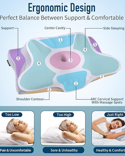 Memory Foam Pillows Cervical Neck Pillow for Neck Pain Relief, Contour Cooling Bed Pillow for Sleeping, Odorless Ergonomic Orthopedic Neck Support Pillows for Side Back Stomach Sleeper with Pillowcase - LeafyLoom