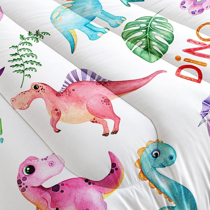 Cartoon Dinosaur Comforter Set Twin 3Pc Kawaii Dinosaur Bedding Set All Season with Tree, Leaf Decoration includes 1 Comforter, 2 Pillowcases for Kids Girls Teens - LeafyLoom