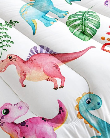 Cartoon Dinosaur Comforter Set Twin 3Pc Kawaii Dinosaur Bedding Set All Season with Tree, Leaf Decoration includes 1 Comforter, 2 Pillowcases for Kids Girls Teens - LeafyLoom