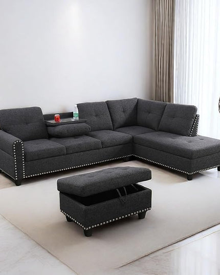 L Shaped Sofa with Ottoman Modern Sectional Living Room, Bedroom, Office, L Couch Nail-Head - LeafyLoom