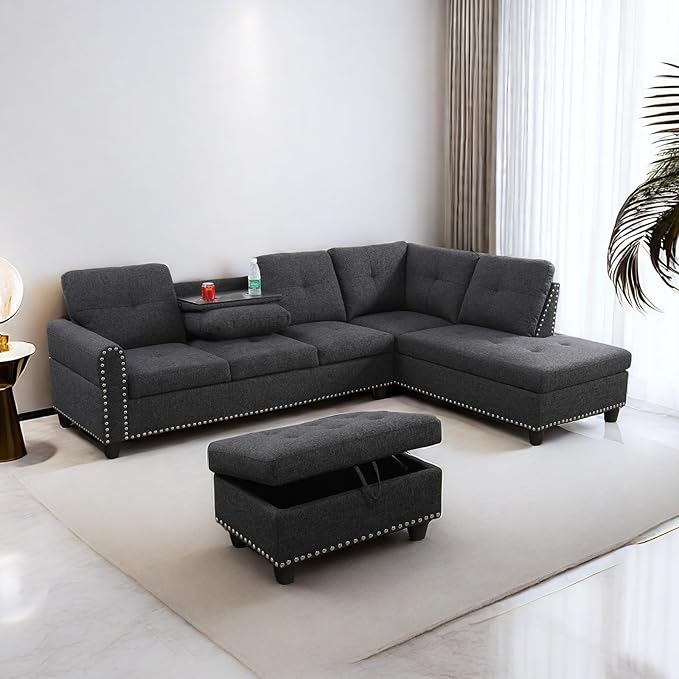 L Shaped Sofa with Ottoman Modern Sectional Living Room, Bedroom, Office, L Couch Nail-Head - LeafyLoom