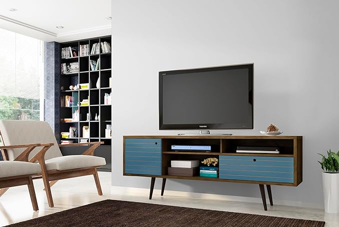 Manhattan Comfort Liberty Mid Century Modern TV Stand for Televisions up to 65 Inches, Bedroom and Living Room Entertainment Center with Storage, Shelves, and Cabinet, 71" Wide, Rustic Brown/Aqua - LeafyLoom