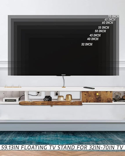 Floating TV Unit, 59'' Wall Mounted TV Cabinet, Floating Shelves with Door & Drawer, Farmhouse Entertainment Media Console Center Large Storage TV Bench for Living Room (59IN, Rustic Brown) - LeafyLoom