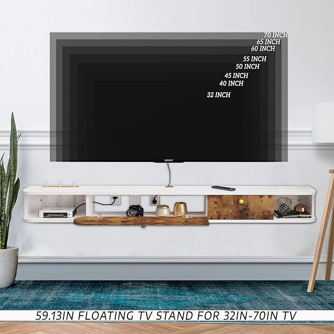 Floating TV Unit, 59'' Wall Mounted TV Cabinet, Floating Shelves with Door & Drawer, Farmhouse Entertainment Media Console Center Large Storage TV Bench for Living Room (59IN, Rustic Brown) - LeafyLoom