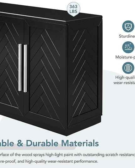 Wooden Sideboard with 4 Doors Large Storage Space,Buffet Cabinet,W/Adjustable Shelves and Silver Handles,Wear-Resistant Performance,for Kitchen,Dining Room,Hallway,Black, 60" - LeafyLoom