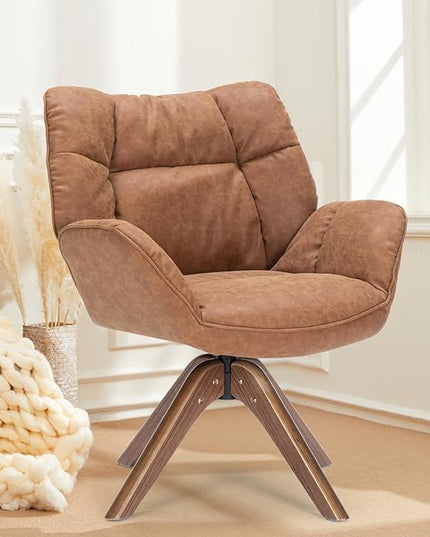 Faux Leather Accent Chair, Modern Cozy Vanity Chair with Wood Legs, Upholstered Single PU Leather Boucle Armchair for Living Room Bedroom Office Guest Room (Brown) - LeafyLoom