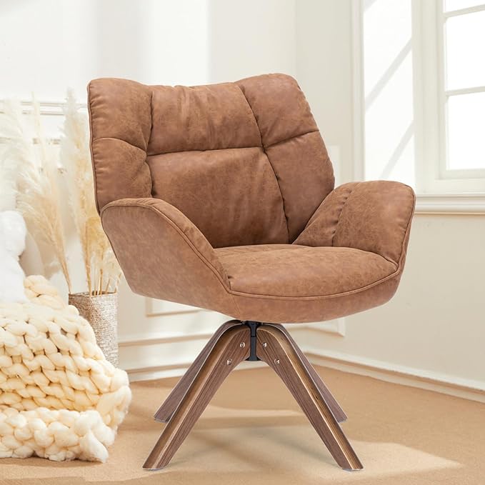 Faux Leather Accent Chair, Modern Cozy Vanity Chair with Wood Legs, Upholstered Single PU Leather Boucle Armchair for Living Room Bedroom Office Guest Room (Brown) - LeafyLoom