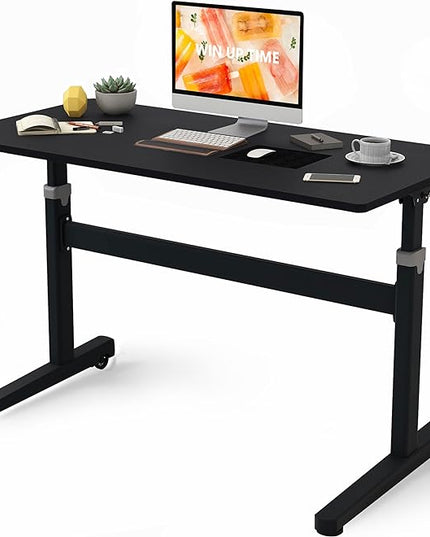 Manual Standing Desk Adjustable Height- Crank Mobile Standing Desk 48 x 24 Inches Sit Stand Desk Frame & Top, Stand Up Desk on Wheels, Computer Desk Black Frame & Black - LeafyLoom