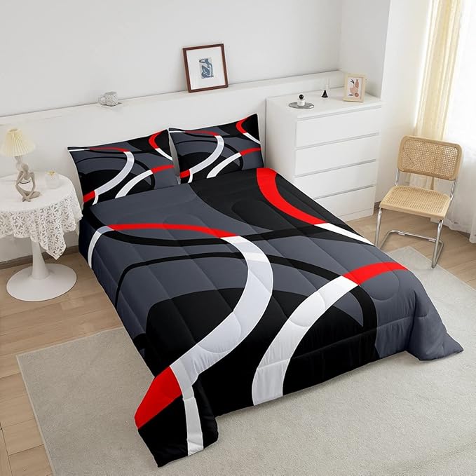 Geometric Circle Comforter Set Red Grey and Black Comforter for Kids Boys Girls Teens Geometry Bedding Set Breathable Abstract Art Duvet Set Modern Luxury Room Decor Quilt Set Full Size - LeafyLoom