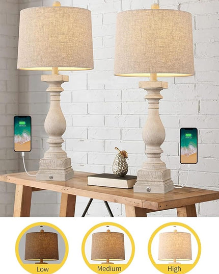BOBOMOMO 27" Farmhouse 3-Way Dimmable Touch Control Table Lamp Set of 2 with USB A &USB C Charging Ports for Bedroom Living Room Vintage Rustic Traditional Nightstand Bedside Lamps (2 Bulbs Included) - LeafyLoom