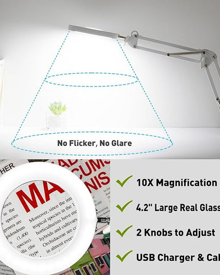 10X Magnifying Glass with Light, Flexible Arm Magnifier Lamp, 3 Color Modes & Stepless Dimming Magnifying Lamp with Clamp, Hands Free Lighted Magnifying Glass for Hobby Craft Workbench-White - LeafyLoom