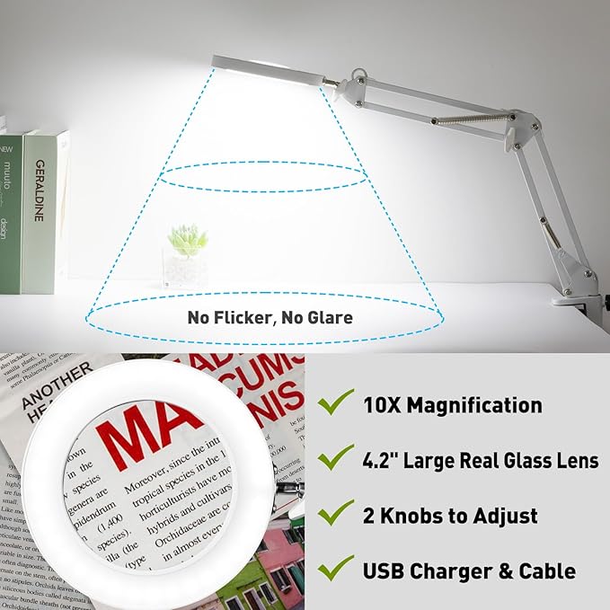 10X Magnifying Glass with Light, Flexible Arm Magnifier Lamp, 3 Color Modes & Stepless Dimming Magnifying Lamp with Clamp, Hands Free Lighted Magnifying Glass for Hobby Craft Workbench-White - LeafyLoom