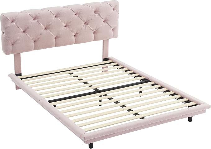 Full Size Linen Upholstered Bed with Light Stripe,Floating Platform Beds,w/Headboard and Wooden Slats Support,for Apartment,Bedroom,Living Room,Easy Assembly,Pink - LeafyLoom