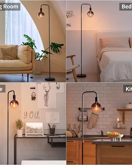 Floor Lamp for Living Room - Minimalist Industrial Standing Lamp with Modern LED Bulb, Globe Black Clear Glass 6", 1800K Warm Ambiant Lighting Decorative Tall Floor Lamp for Bedroom Office - LeafyLoom