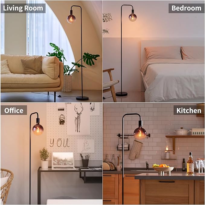 Floor Lamp for Living Room - Minimalist Industrial Standing Lamp with Modern LED Bulb, Globe Black Clear Glass 6", 1800K Warm Ambiant Lighting Decorative Tall Floor Lamp for Bedroom Office - LeafyLoom