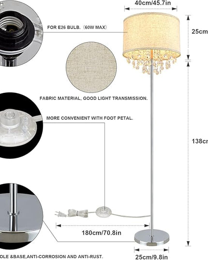 DINGLILIGHTING DLLT Crystal Floor Lamp for Living Room Modern Standing Lamp for Bedroom, Chrome Finish 64” Tall Pole LED Floor Lamp, 9W Bulb Included, Fabric Shade, Silver - LeafyLoom