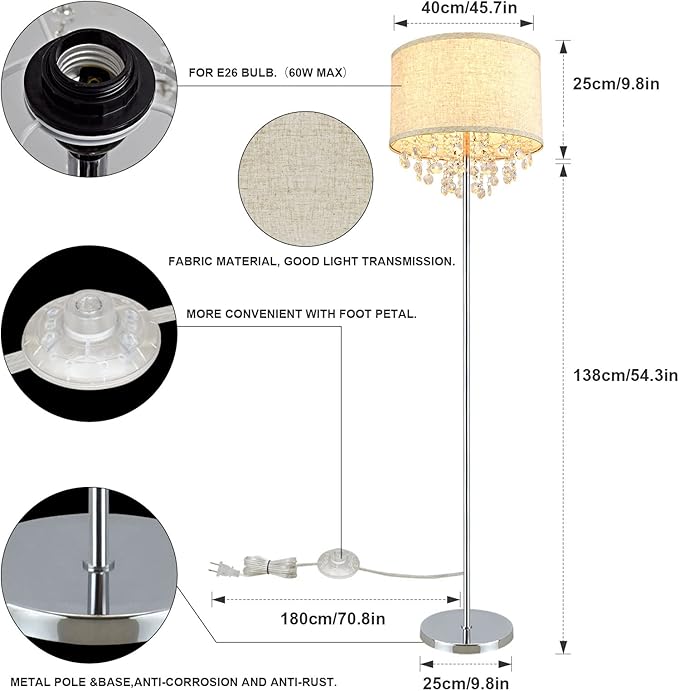 DINGLILIGHTING DLLT Crystal Floor Lamp for Living Room Modern Standing Lamp for Bedroom, Chrome Finish 64” Tall Pole LED Floor Lamp, 9W Bulb Included, Fabric Shade, Silver - LeafyLoom