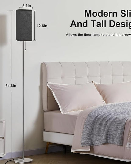 Floor Lamps for Living Room Bedroom - 3 Color Temperature Silver Standing Lamps with Pull Chain Switch, Modern Tall Lamp for Office Home Nursery, Pole Lamp with Black Lampshade for Reading - LeafyLoom