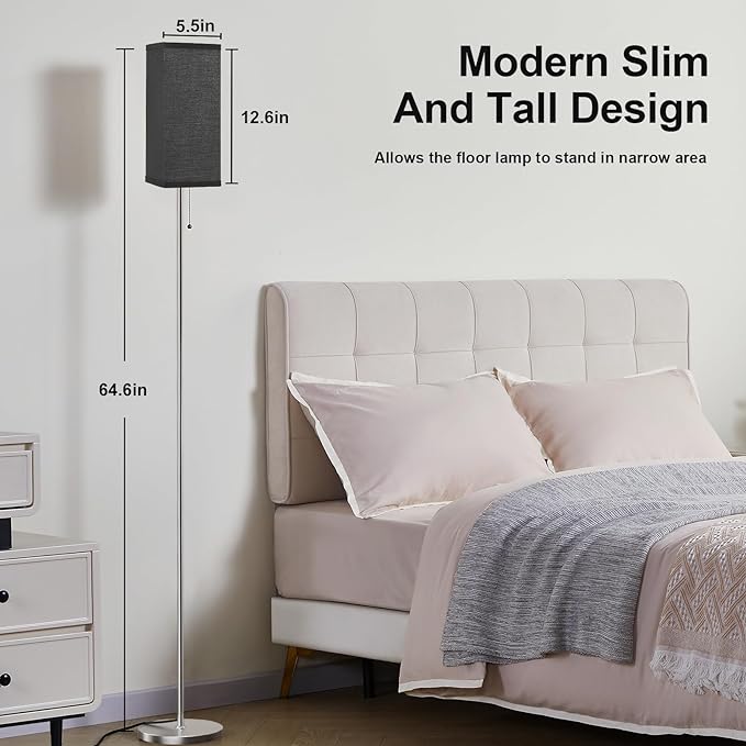 Floor Lamps for Living Room Bedroom - 3 Color Temperature Silver Standing Lamps with Pull Chain Switch, Modern Tall Lamp for Office Home Nursery, Pole Lamp with Black Lampshade for Reading - LeafyLoom