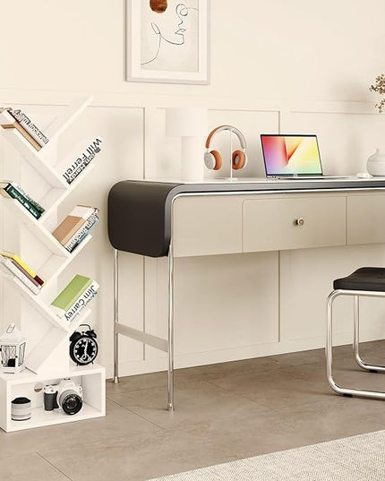 YMYNY 6 Tier Tree Bookshelf, Tall Bookcase, Wood Book Storage Rack with Drawer, Modern Floor Standing Book Shelf for Books/Movies/CDs, Utility Organizer for Living Room, Home Office, White UHBC016W - LeafyLoom