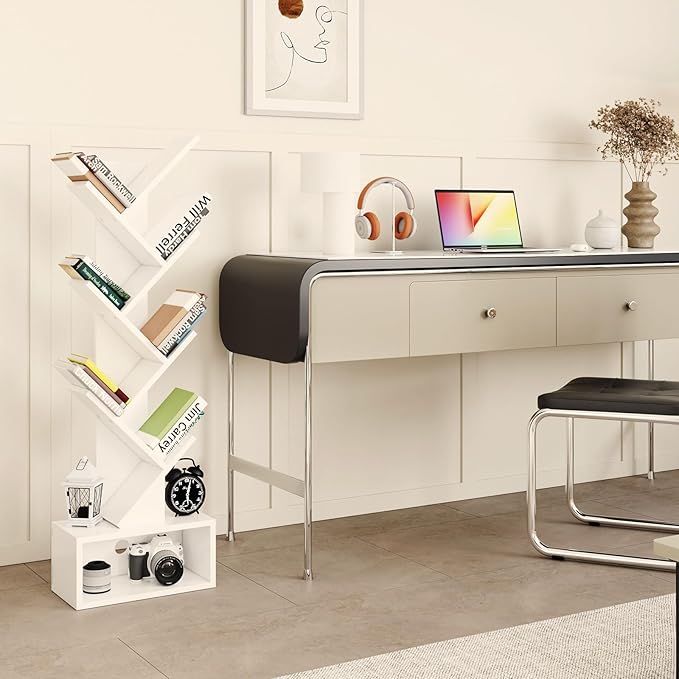 YMYNY 6 Tier Tree Bookshelf, Tall Bookcase, Wood Book Storage Rack with Drawer, Modern Floor Standing Book Shelf for Books/Movies/CDs, Utility Organizer for Living Room, Home Office, White UHBC016W - LeafyLoom