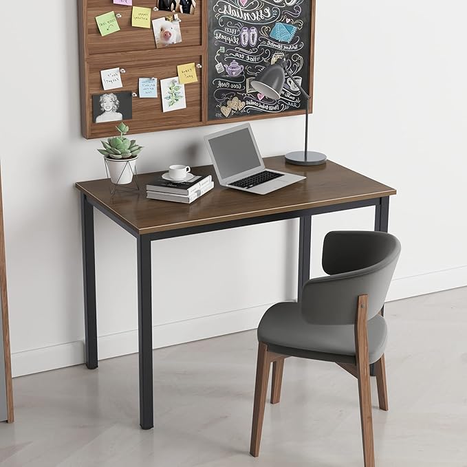 Need Small Desk, 39.4 inches Sturdy Writing Desk for Small Spaces, Small Computer Desk Teens Desk Study Table Laptop Desk Home Ofice Desk, Black Metal Frame, Walnut - LeafyLoom