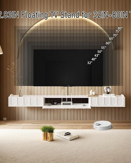 Floating TV Stand, 73'' High Gloss Wall Mounted TV Cabinet, Floating TV Shelves with Door & Drawers, Modern Entertainment Media Console Center Large Storage TV Bench for Living Room (White) - LeafyLoom