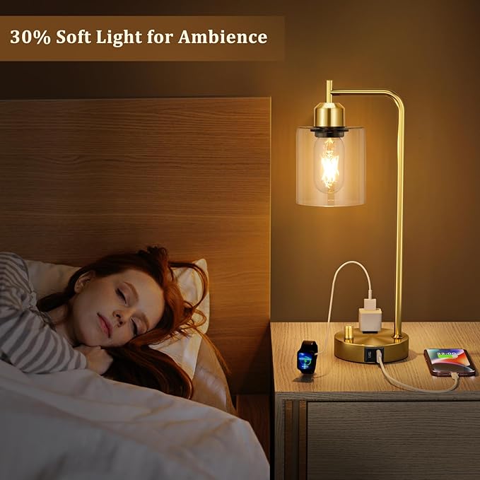 Innqoo Gold Table Lamp for Bedroom - Industrial Bedside Lamp with USB Port and Outlet, Fully Dimmable Nightstand Lamp with Clear Glass Shade, Small Desk Lamps for Home Office - LeafyLoom