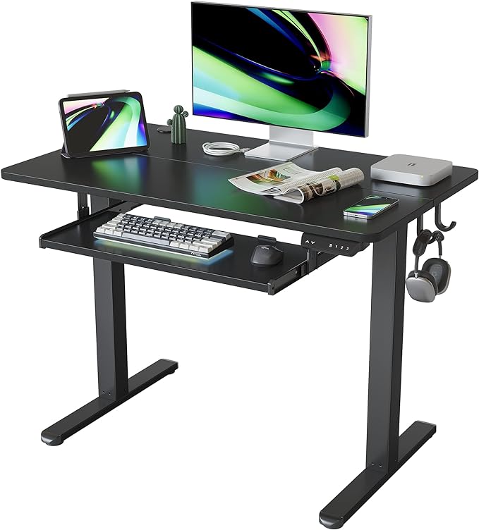 FEZIBO Standing Desk with Keyboard Tray, 40 × 24 Inches Electric Height Adjustable Desk, Sit Stand Up Desk, Computer Office Desk, Black - LeafyLoom