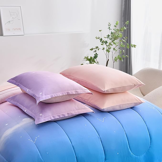 Dinjoy Girls Comforter Set King Size Colorful Rainbow Ombre Pink Blue Bedding Set Gradient 6 Pieces Bed in A Bag for Kids Teen Girl Women(1 Comforter, 1 Flat Sheet, 1 Fitted Sheet) - LeafyLoom