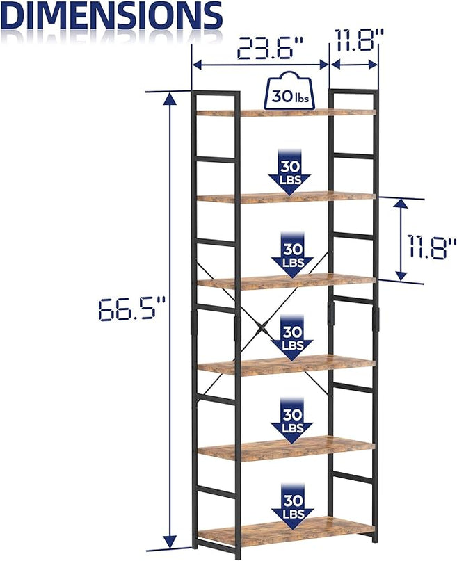 NUMENN 6 Tier Bookshelf, Tall Bookcase Shelf Storage Organizer, Modern Book Shelf for Bedroom, Living Room and Home Office, Vintage - LeafyLoom