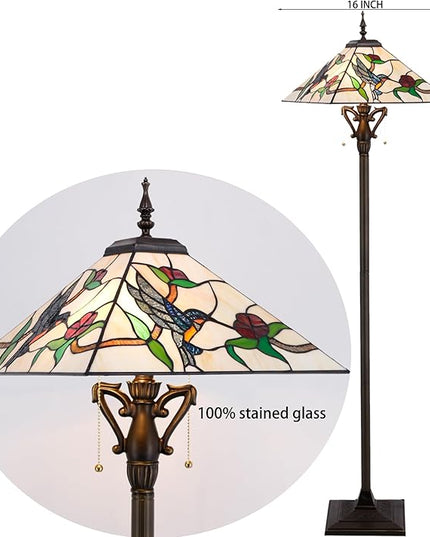 Tiffany Floor Lamp Mission Style Stained Glass Standing Reading Light 16X16X64 Inch Amber Hummingbird - LeafyLoom