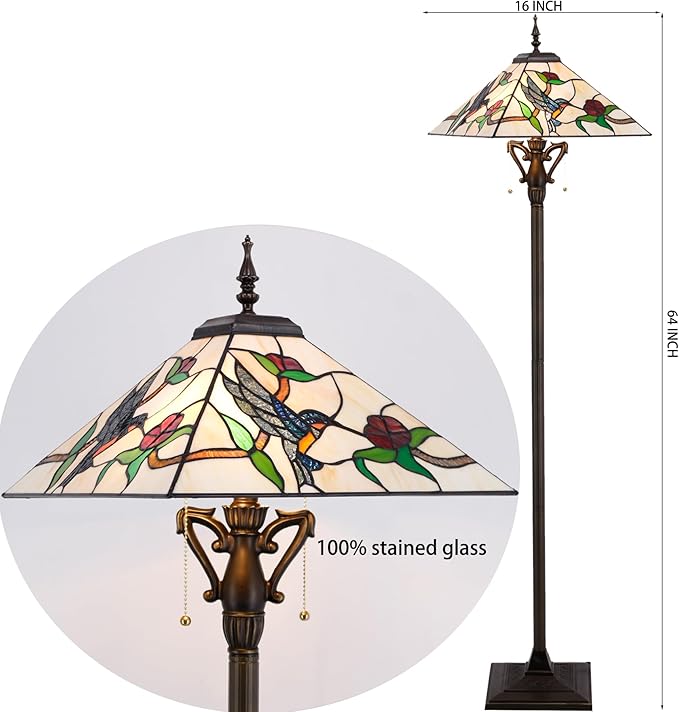 Tiffany Floor Lamp Mission Style Stained Glass Standing Reading Light 16X16X64 Inch Amber Hummingbird - LeafyLoom